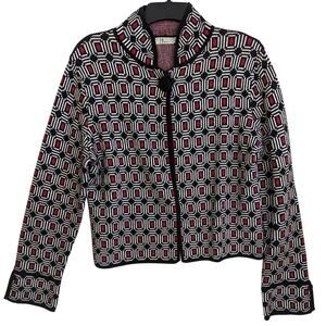L Neve Cardigan Open Front Jacket Coatigan Cotton Wool Retro Geometric Deco